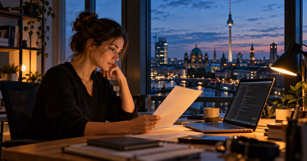 Softwareentwicklerin liest am Abend an ihrem Schreibtisch ein Vertragsangebot, daneben ein Laptop mit Code, im Hintergrund die Berliner Skyline mit Fernsehturm und Dom